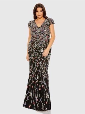 Mac Duggal 5751 Black Embellished Flutter Cap Sleeve V-Neck Gown Size 22W NWT